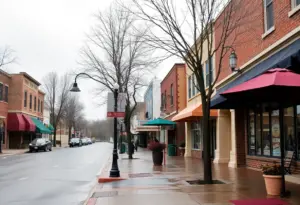 Rainy morning in Newberry SC with empty sidewalks and umbrellas
