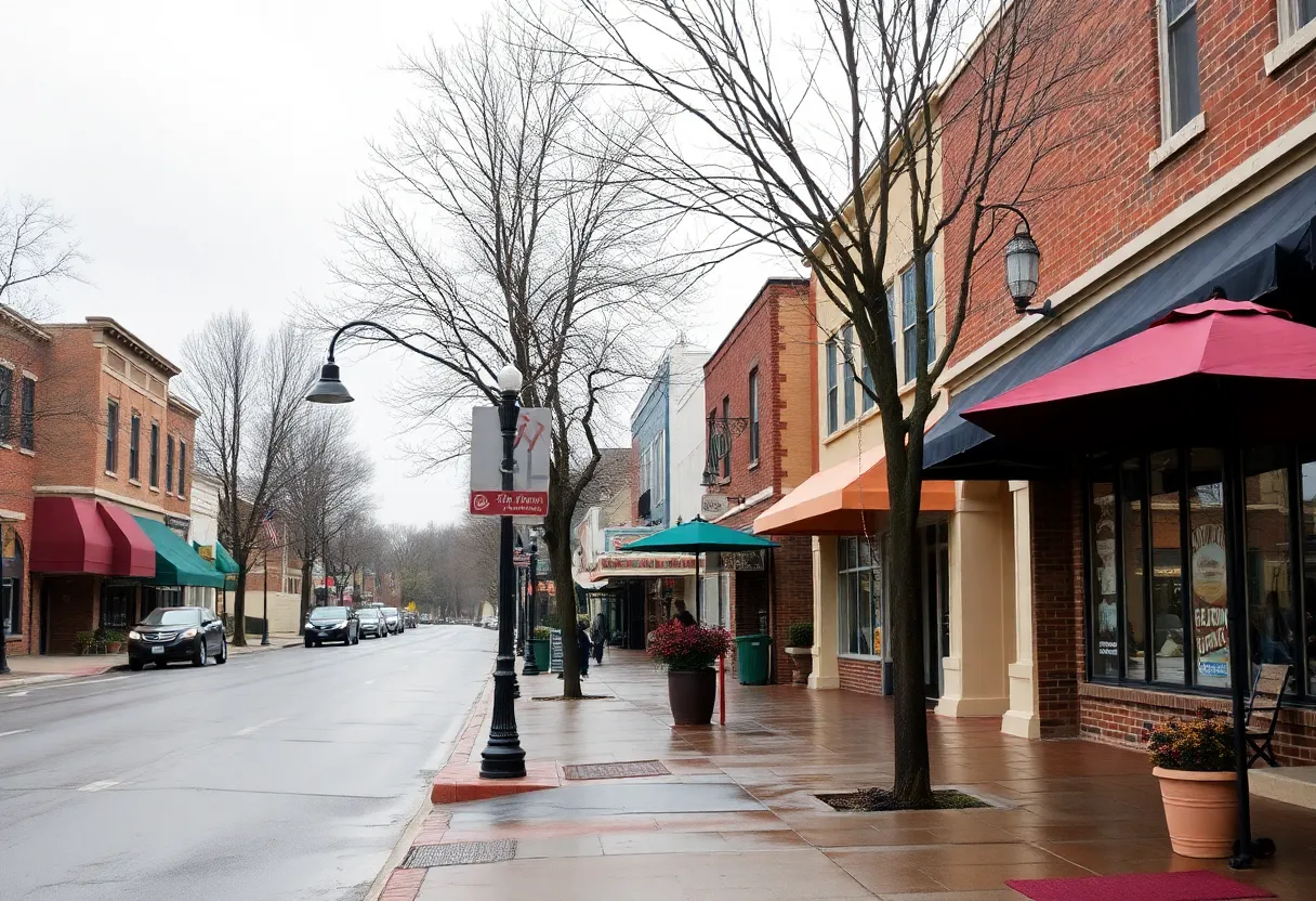 Rainy morning in Newberry SC with empty sidewalks and umbrellas