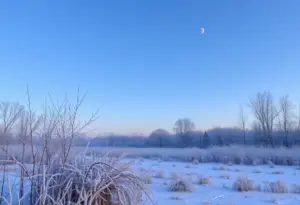 A frosty landscape in Newberry under a crescent moon.