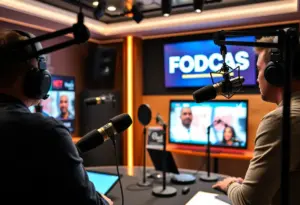 A podcasting studio setup with microphones and sound panels.