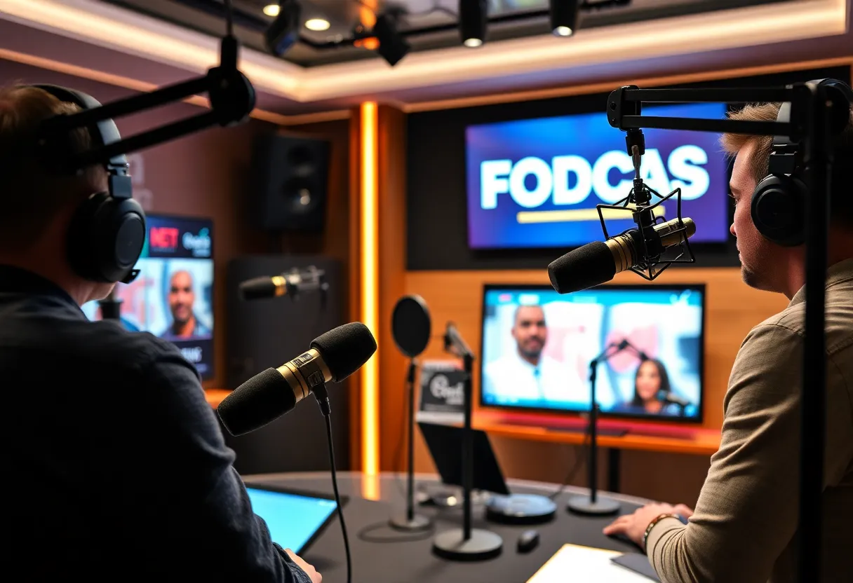 A podcasting studio setup with microphones and sound panels.