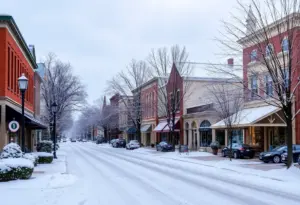 Snow-covered streets and buildings in Newberry, SC during a cold snap