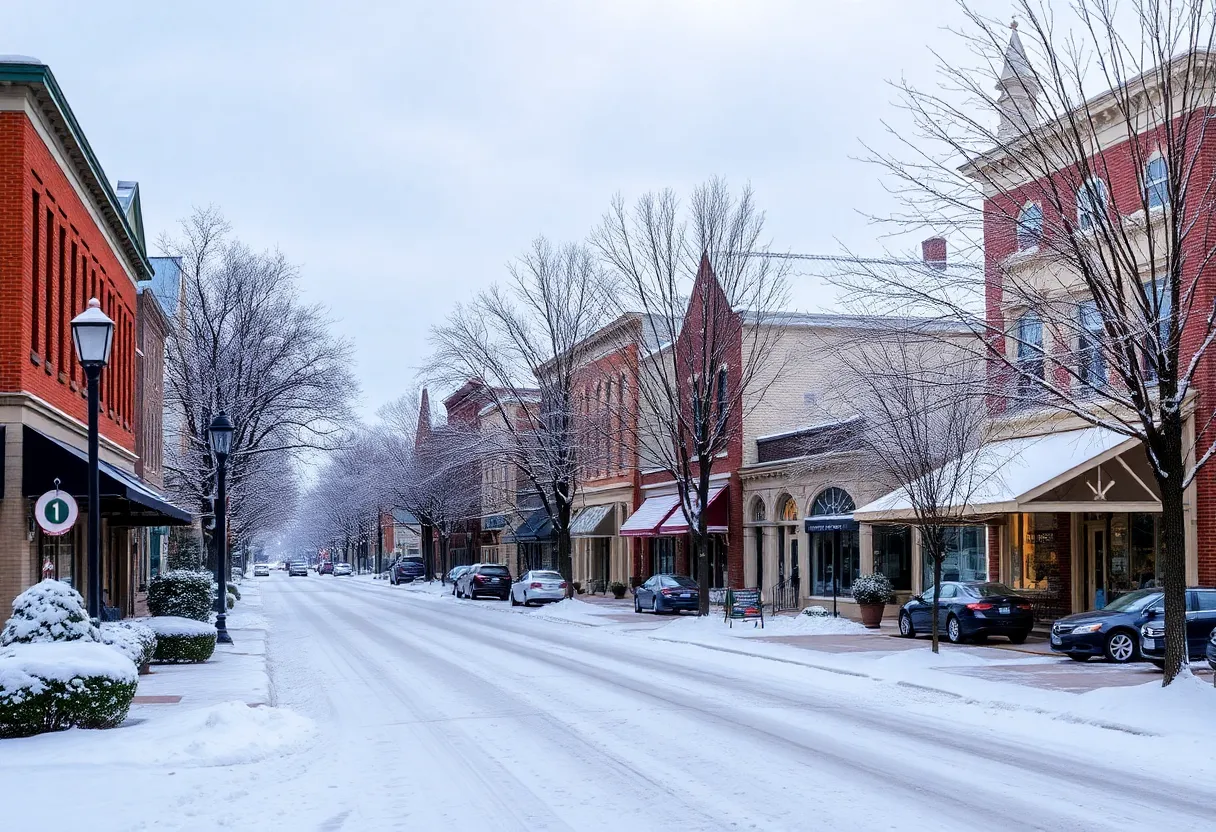 Snow-covered streets and buildings in Newberry, SC during a cold snap
