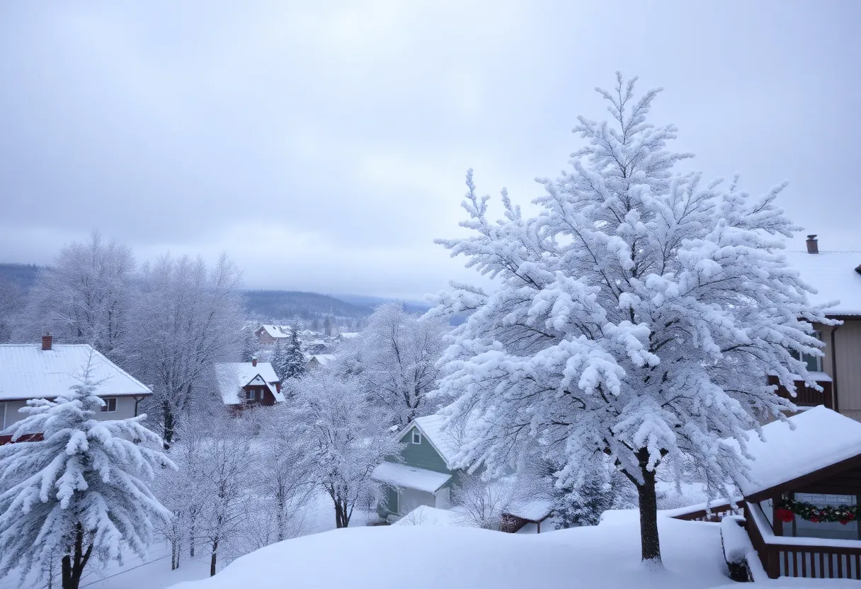 A picturesque winter landscape in Newberry, SC with snow-covered trees.