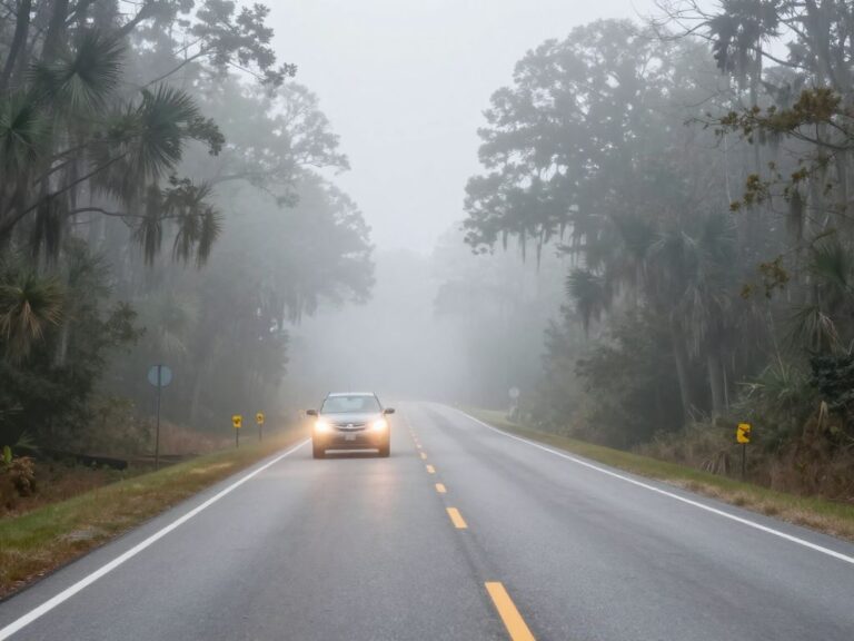 Foggy road conditions in Lowcountry