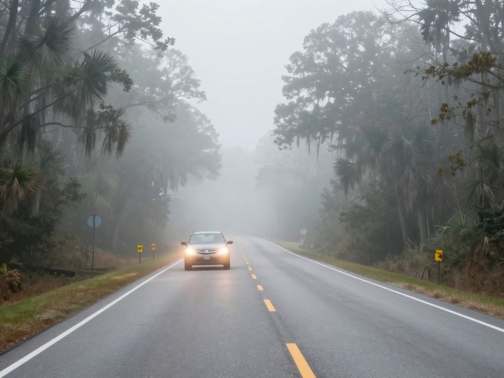Foggy road conditions in Lowcountry
