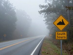 A misty, foggy road in the Midlands of South Carolina