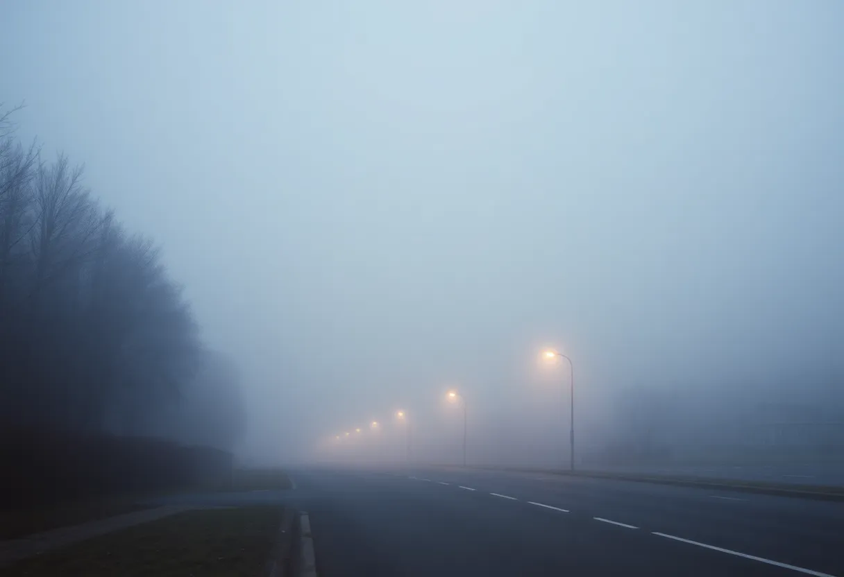 Dense fog covering a road in Newberry SC