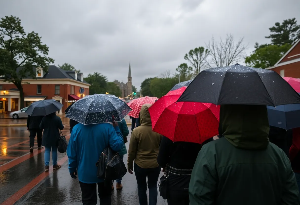 Rainy weather in Newberry SC with people using umbrellas
