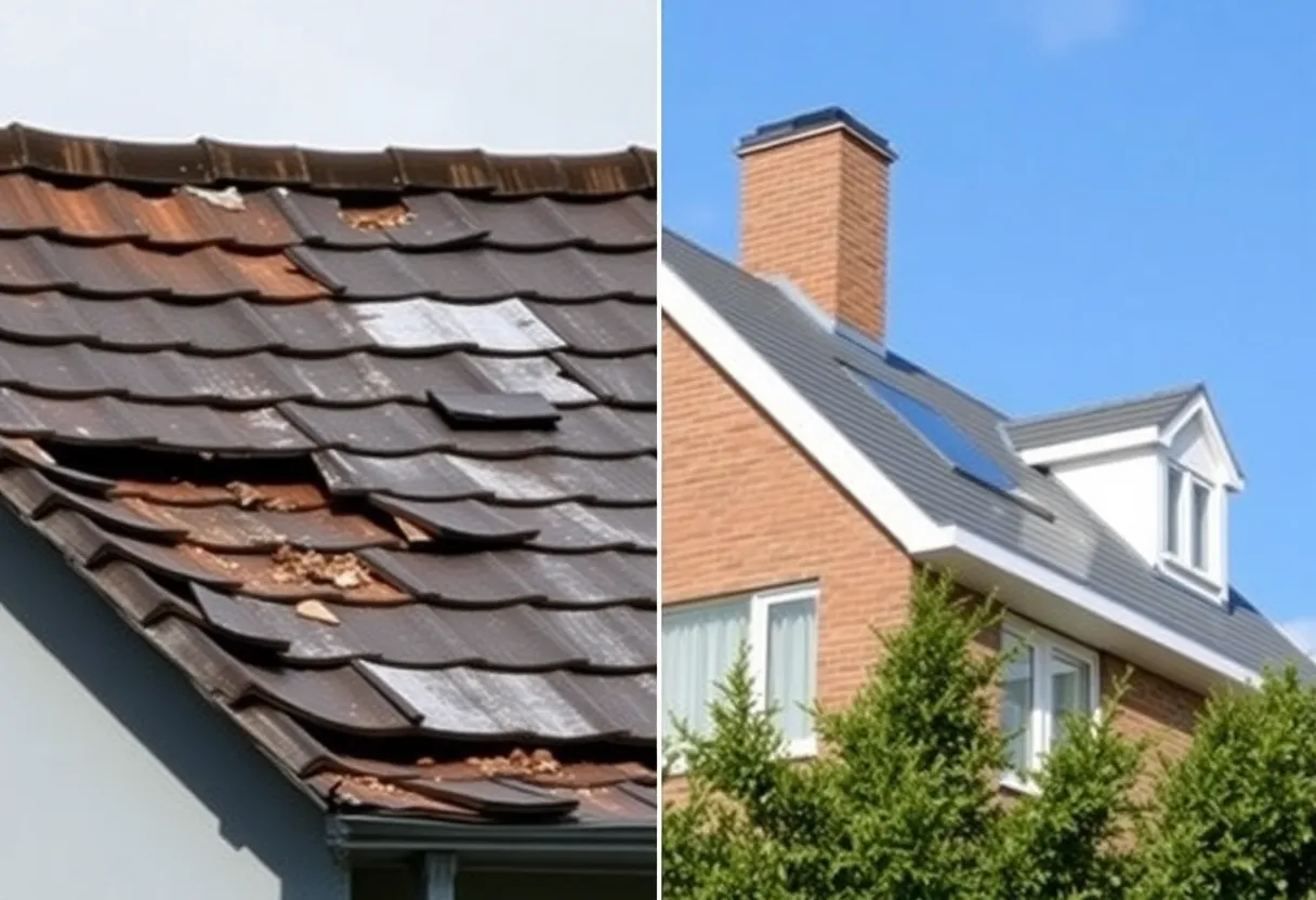 Comparison of a damaged roof and a new roof