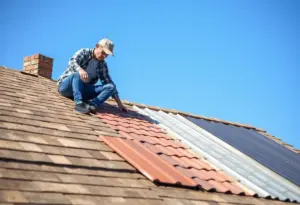 Homeowner inspecting different roofing materials for a roof upgrade.