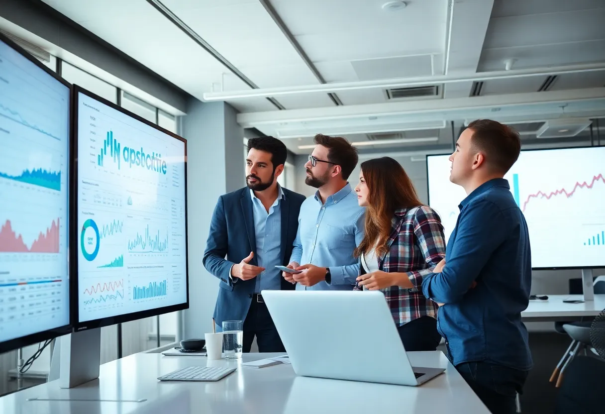 Team reviewing data visualizations for digital marketing strategies