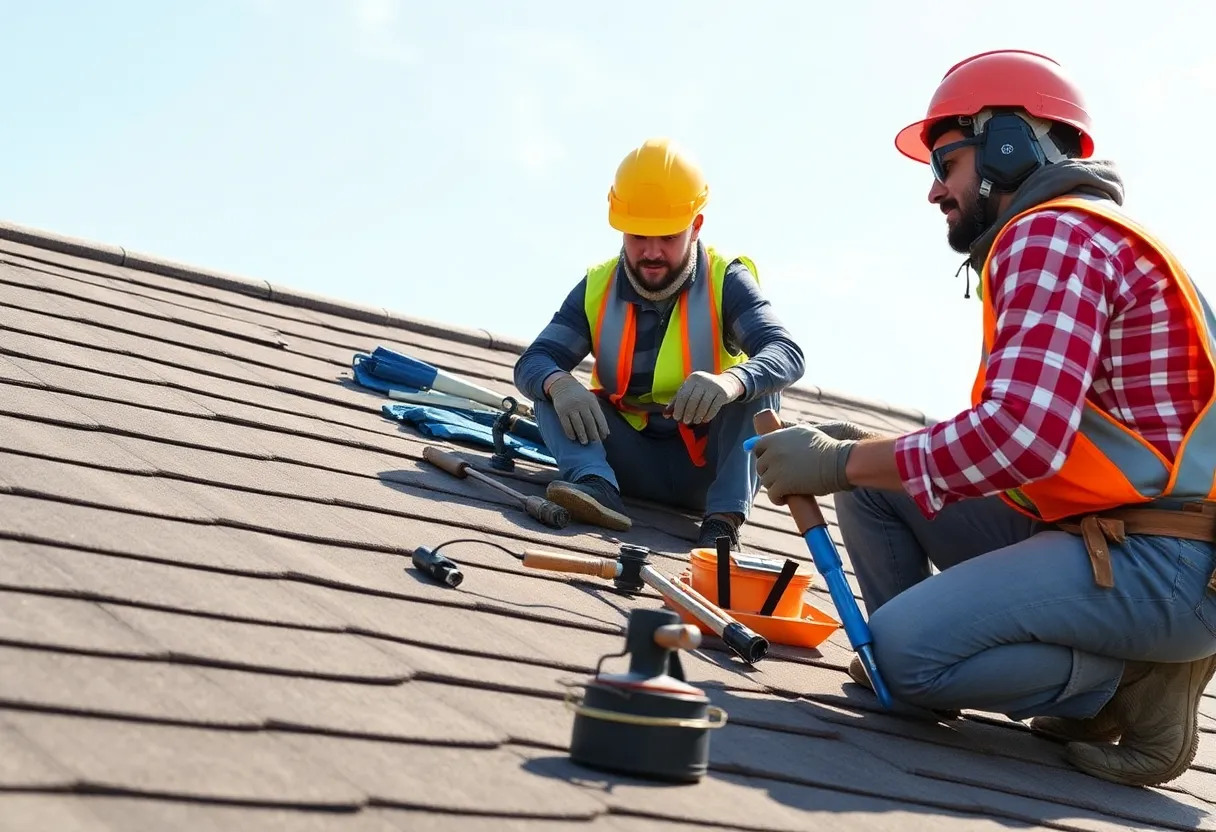 Homeowner working on DIY roofing project with safety equipment