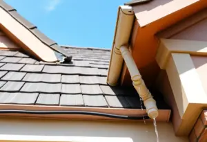 A well-maintained roof drainage system showing clear gutters and downspouts.