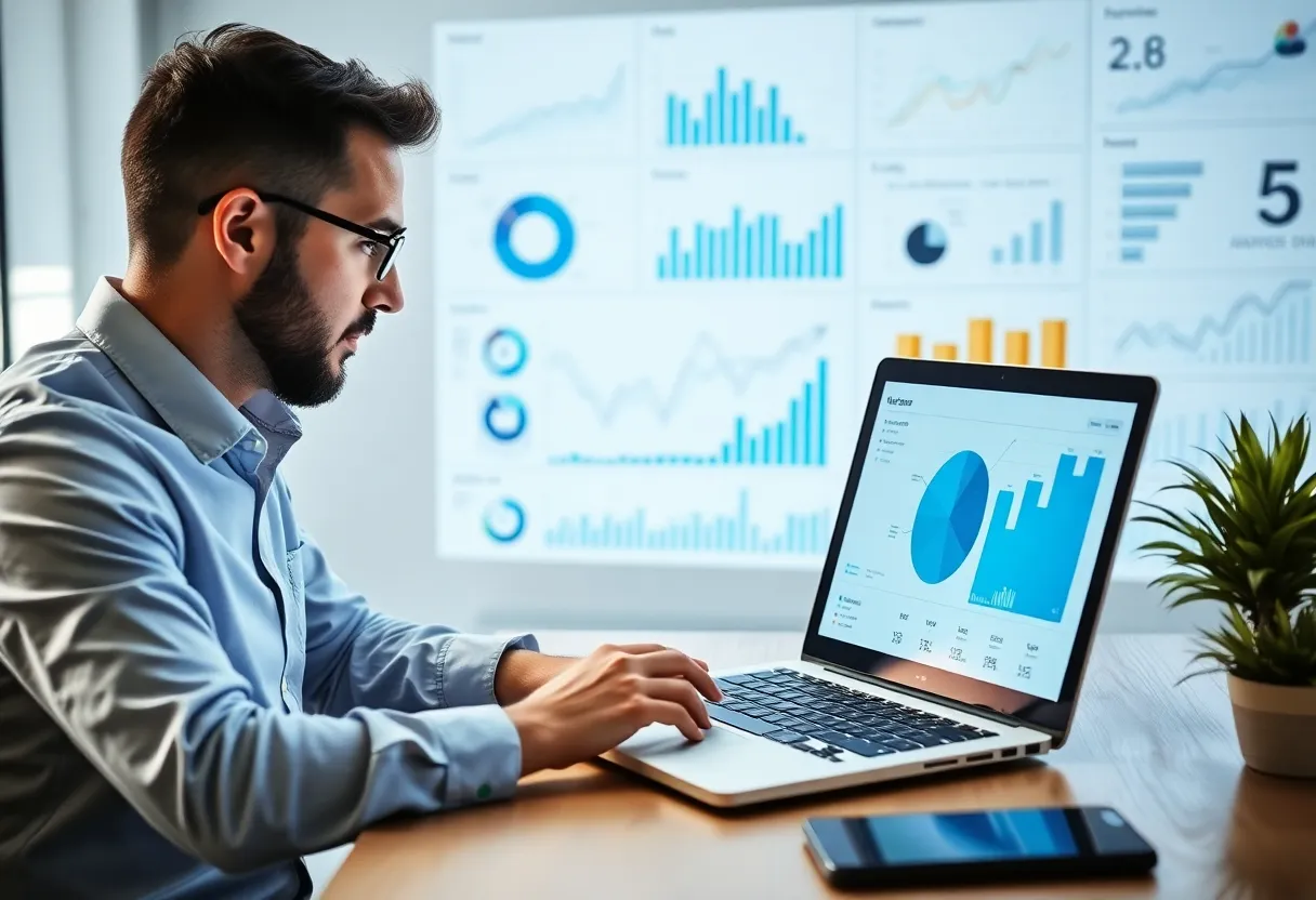 Marketer analyzing customer data for digital marketing strategy