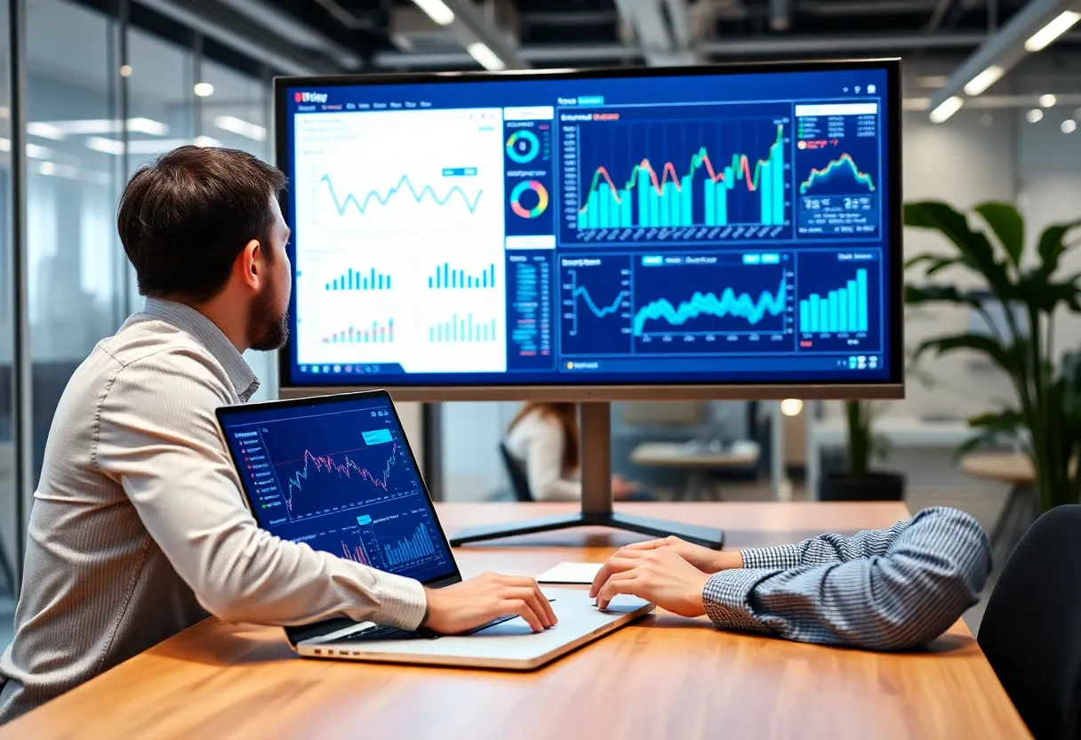 Digital marketing analyst using analytics data on a laptop.