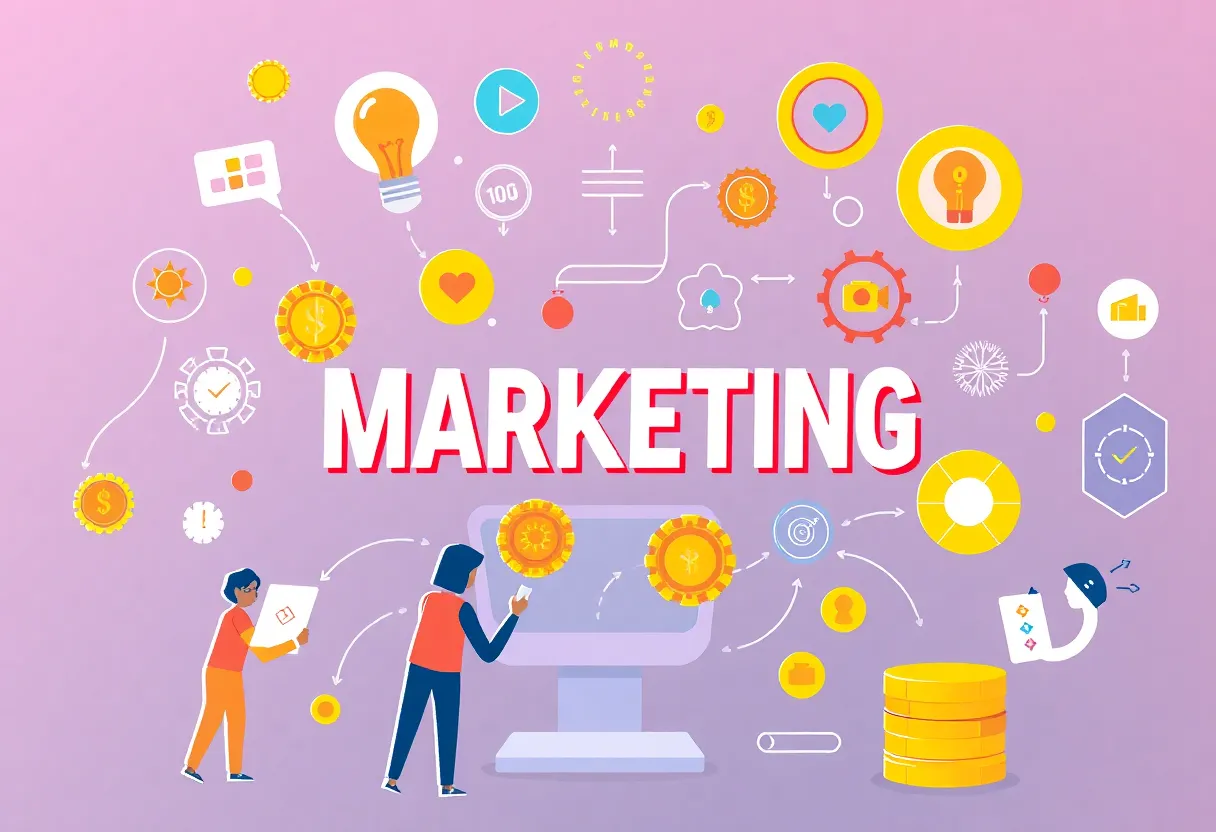 Illustration of gamification elements in digital marketing showing engagement techniques.