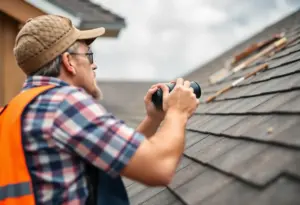 A homeowner performing a roof assessment with tools in hand.