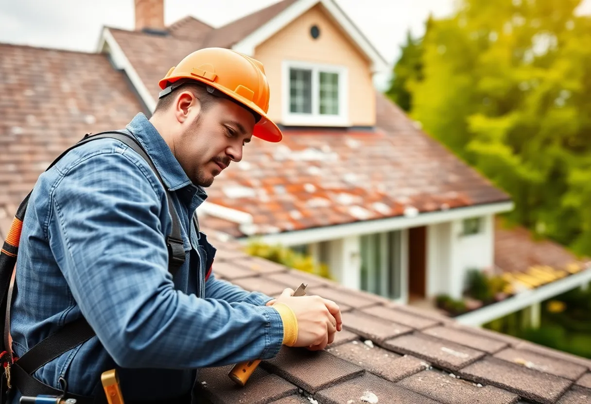A roofing expert examining the condition of a house roof.