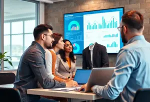 Team discussing cohort analysis data metrics in a modern workspace.