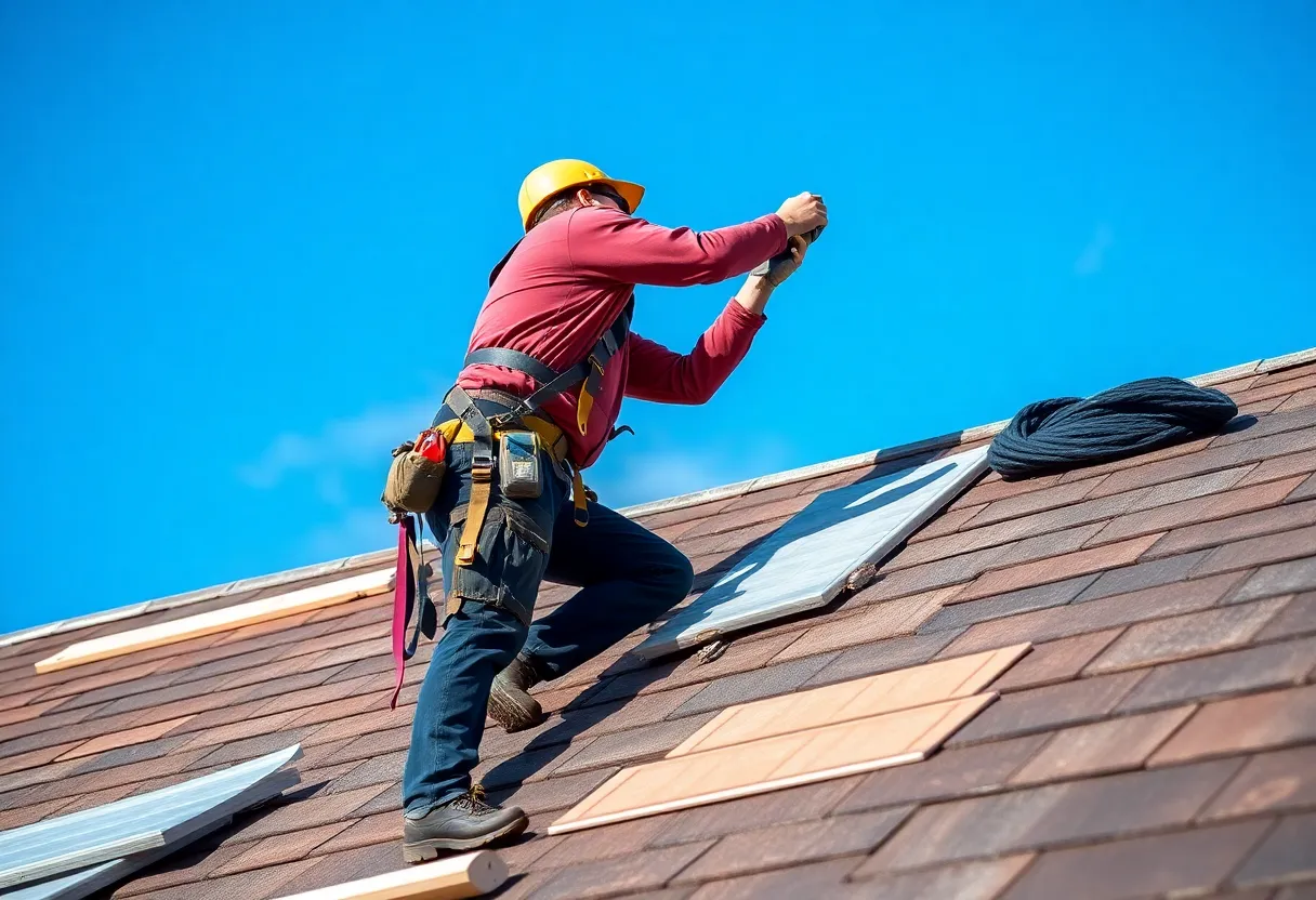 Person installing a roof with safety gear and tools.