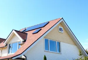 A house featuring an energy efficient roof with solar shingles and appropriate ventilation.