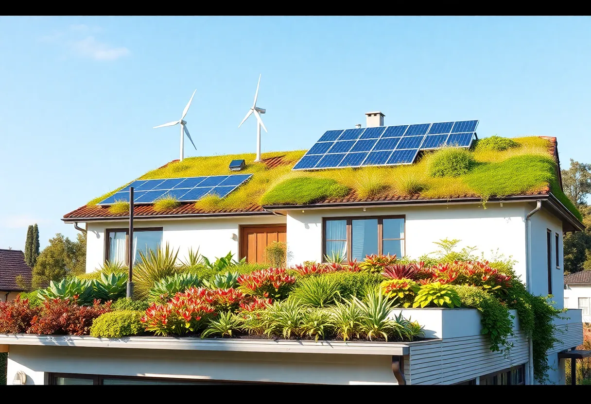 A roof transformed into a green energy hub with solar panels and a green roof.