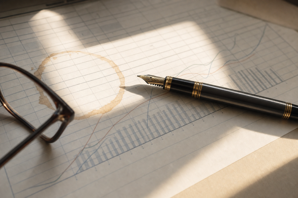 Pen resting across a printed spreadsheet.