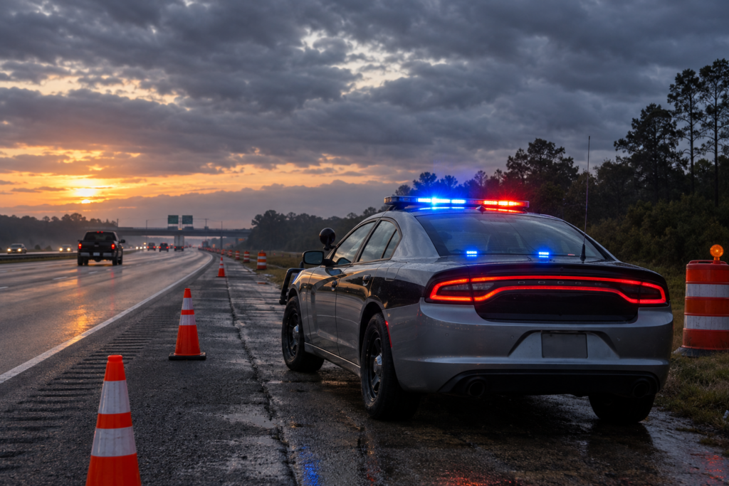 Highway patrol cruiser with lights on at dusk near a construction zone