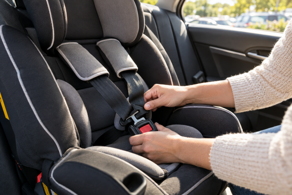 Close-up of a child car seat being buckled in a vehicle back seat