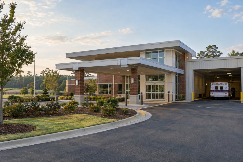 Modern hospital entrance with ambulance bay