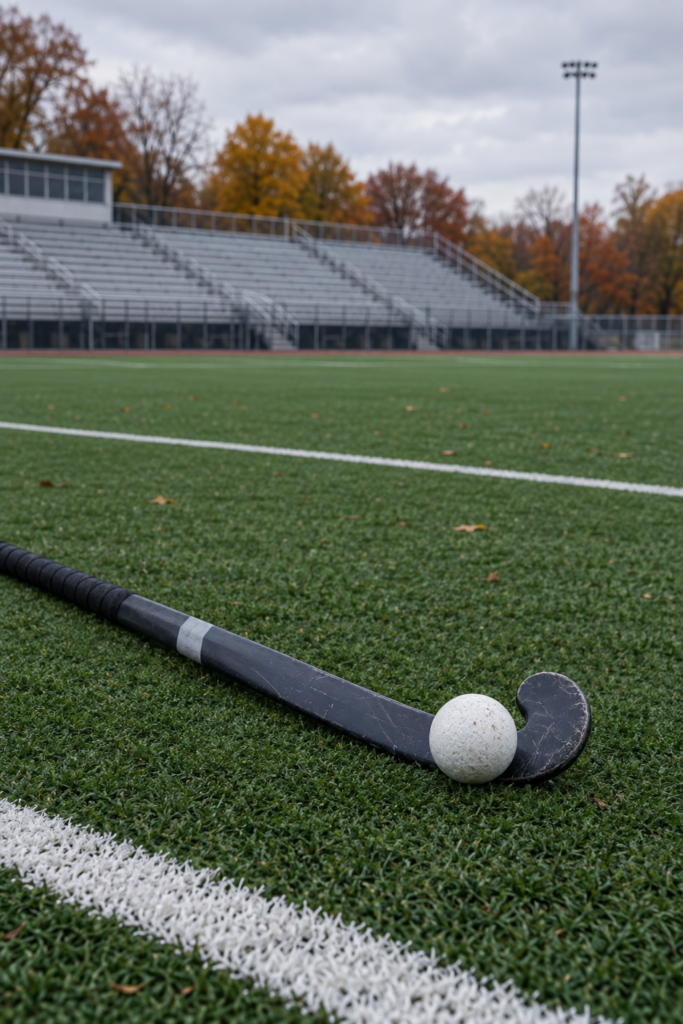 Field hockey stick and ball on a turf field with empty bleachers