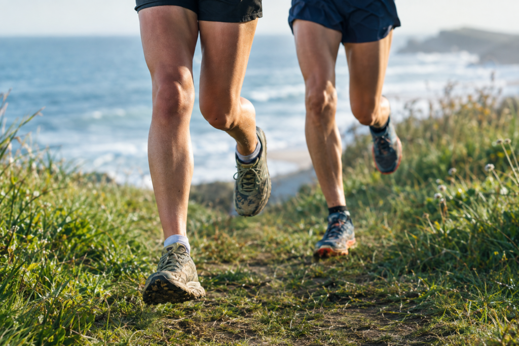 Cross country runners feet on a grassy coastal trail