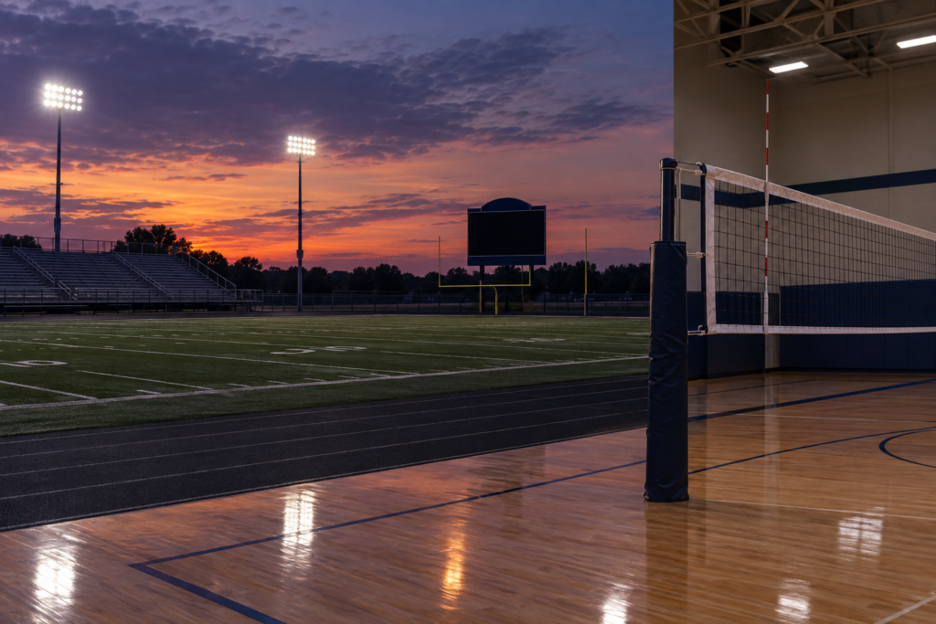 Football stadium at sunset next to an indoor volleyball court