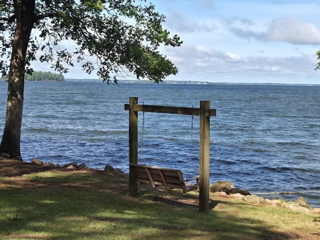 Lake Murray shoreline with a wooden swing at Pine Island